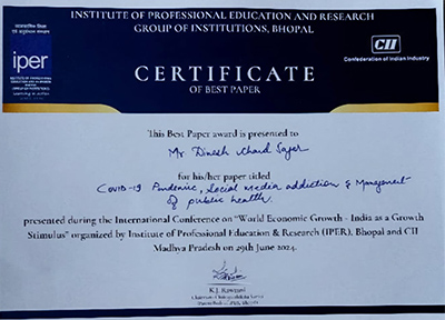 ADGP DC Sagar bags with â€˜best paper awardâ€™ at IPER